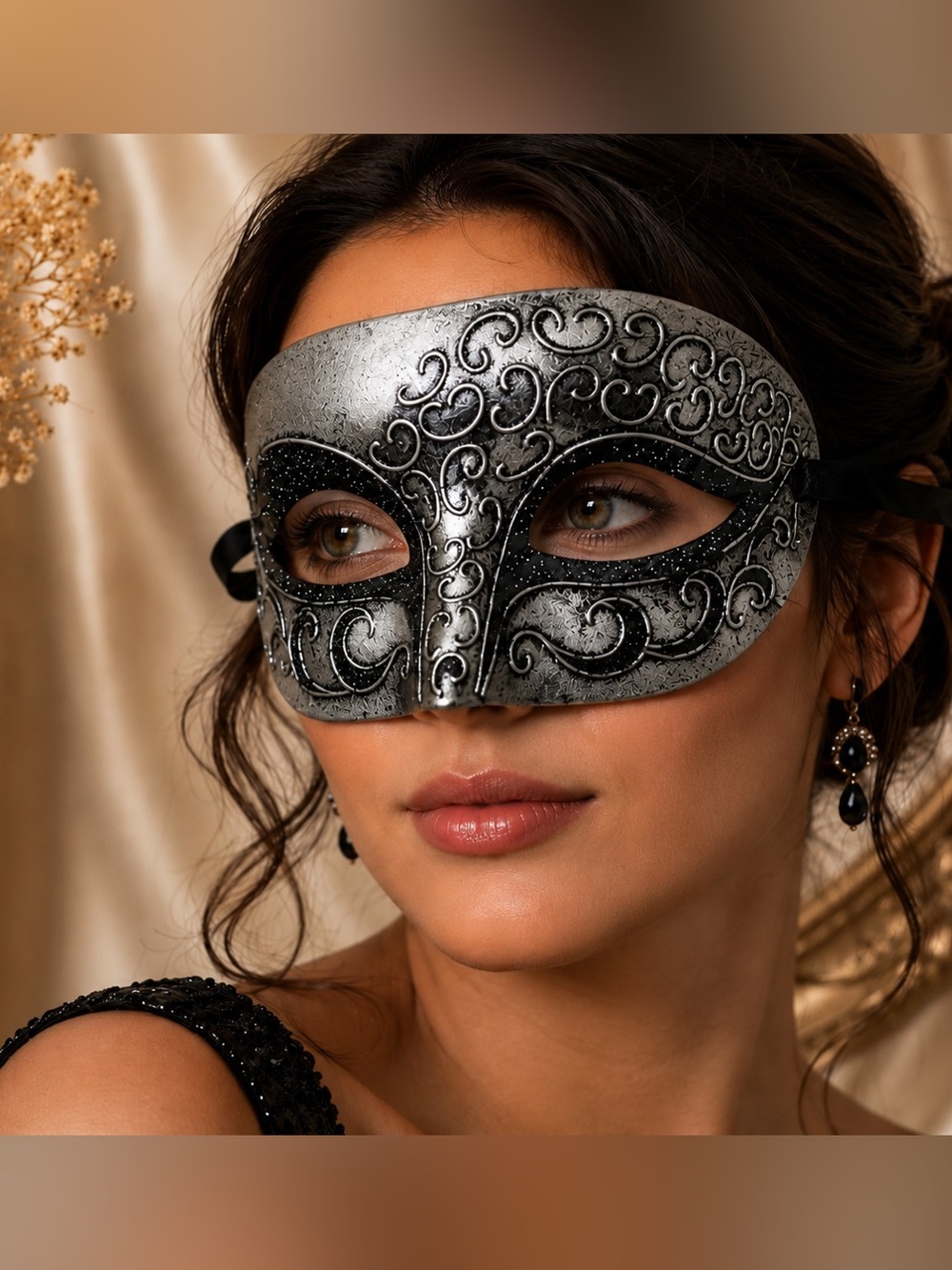 Midnight Elegance Silver & Black Glitter Venetian Masquerade Mask